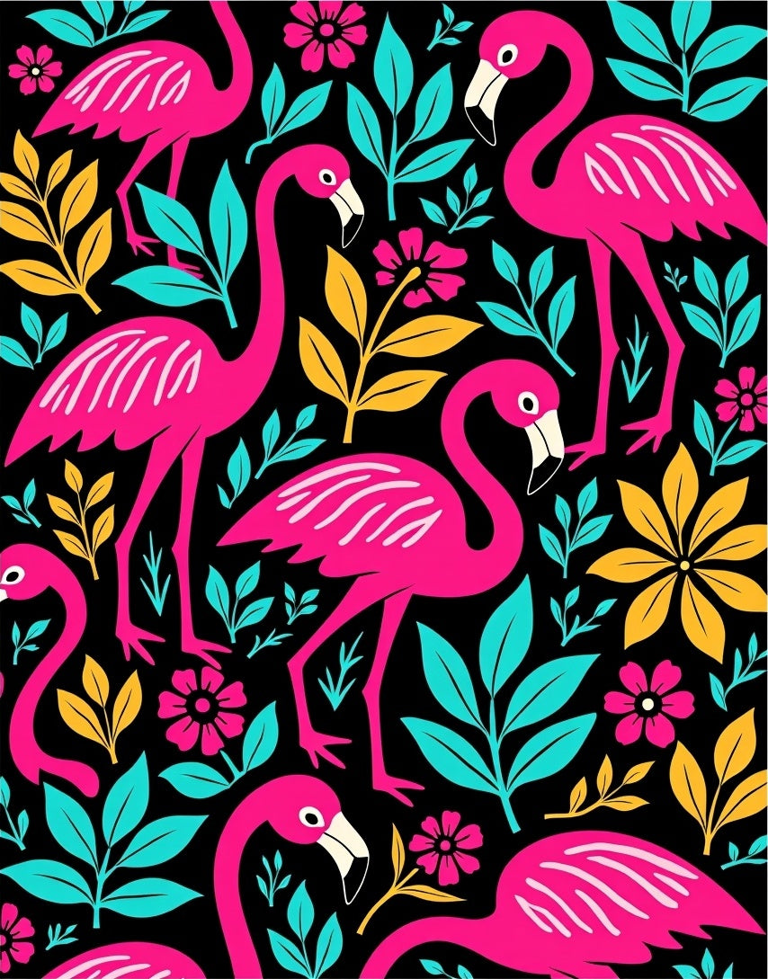 Vibrant Pink Flamingo Tropical Foliage Rug