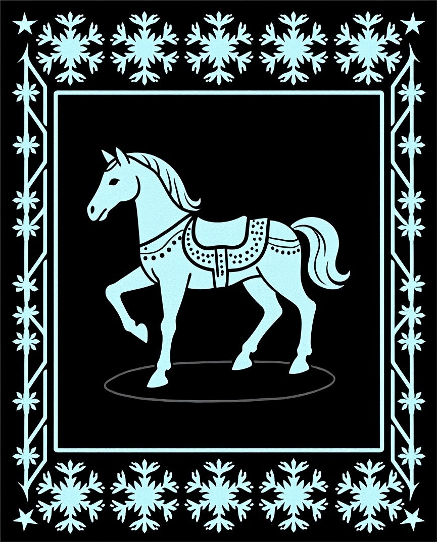 Light Blue Carousel Horse Snowflake Border Rug