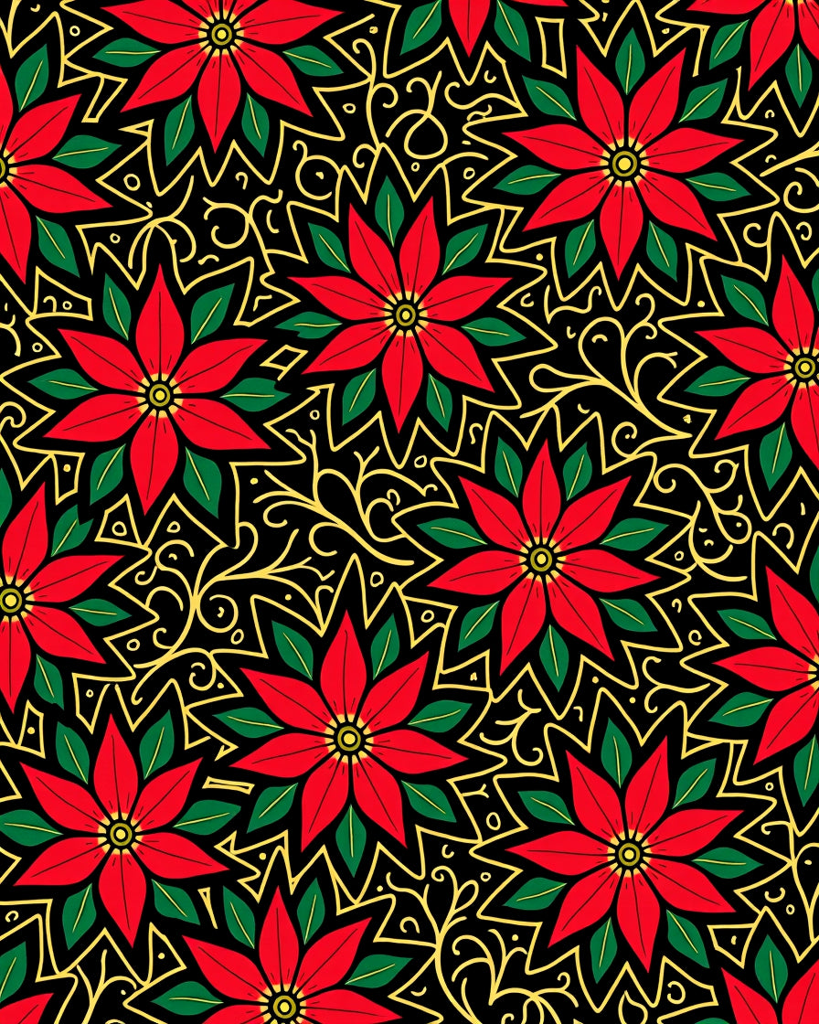 Red Poinsettia Black Gold Swirl Rug