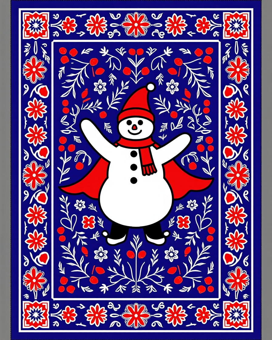 Festive Snowman Red Floral Border Rug