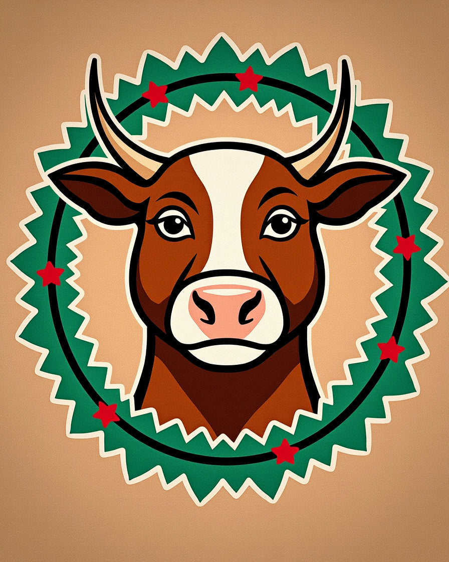 Farmhouse Cow Red Star Wreath Rug