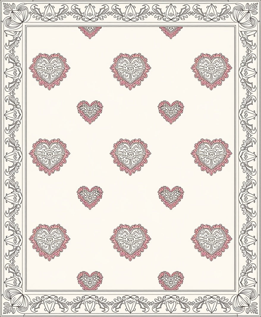 Vintage Pink Ornate Heart Border Rug
