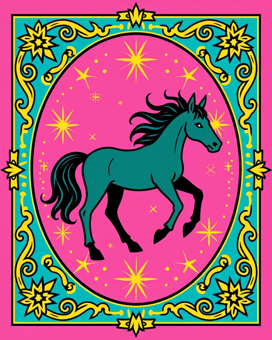 Teal Horse with Golden Stars on Pink Rug