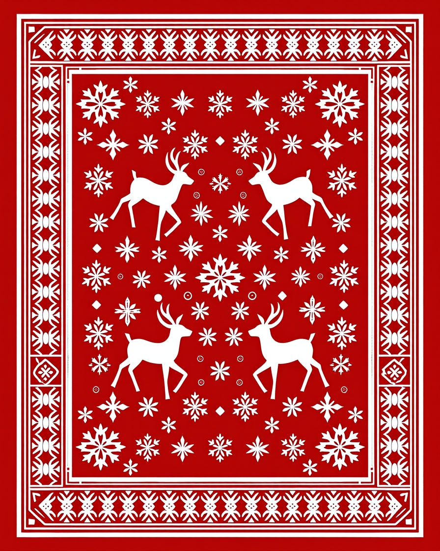 Festive Red White Deer Snowflake Accent Rug
