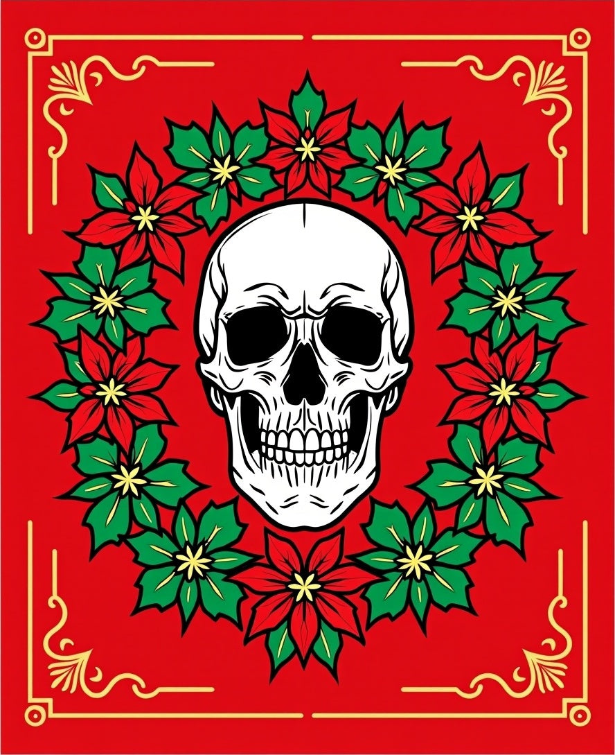 Crimson Skull Floral Wreath Rug