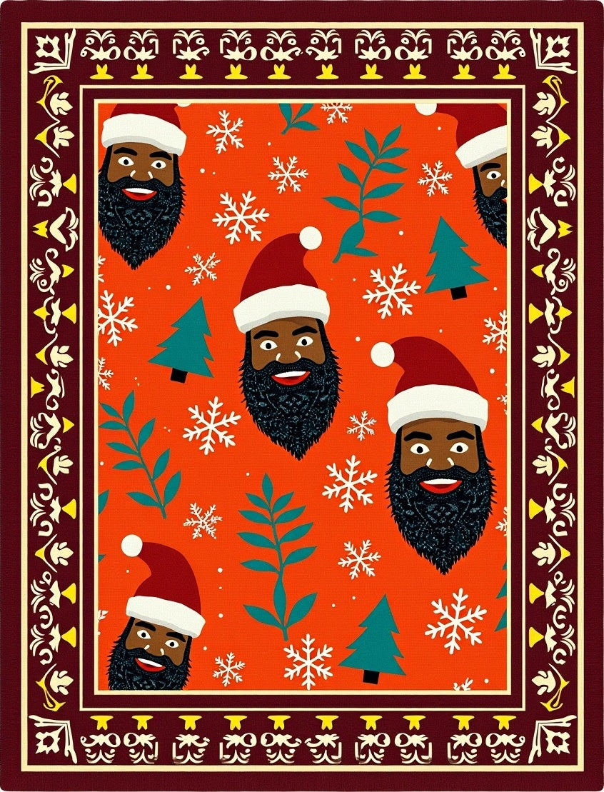 Festive Orange Santa Heads Snowflakes Trees Rug