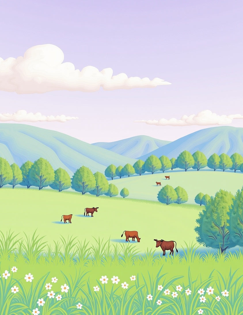 Whimsical Cow Grazing Meadow Field Rug