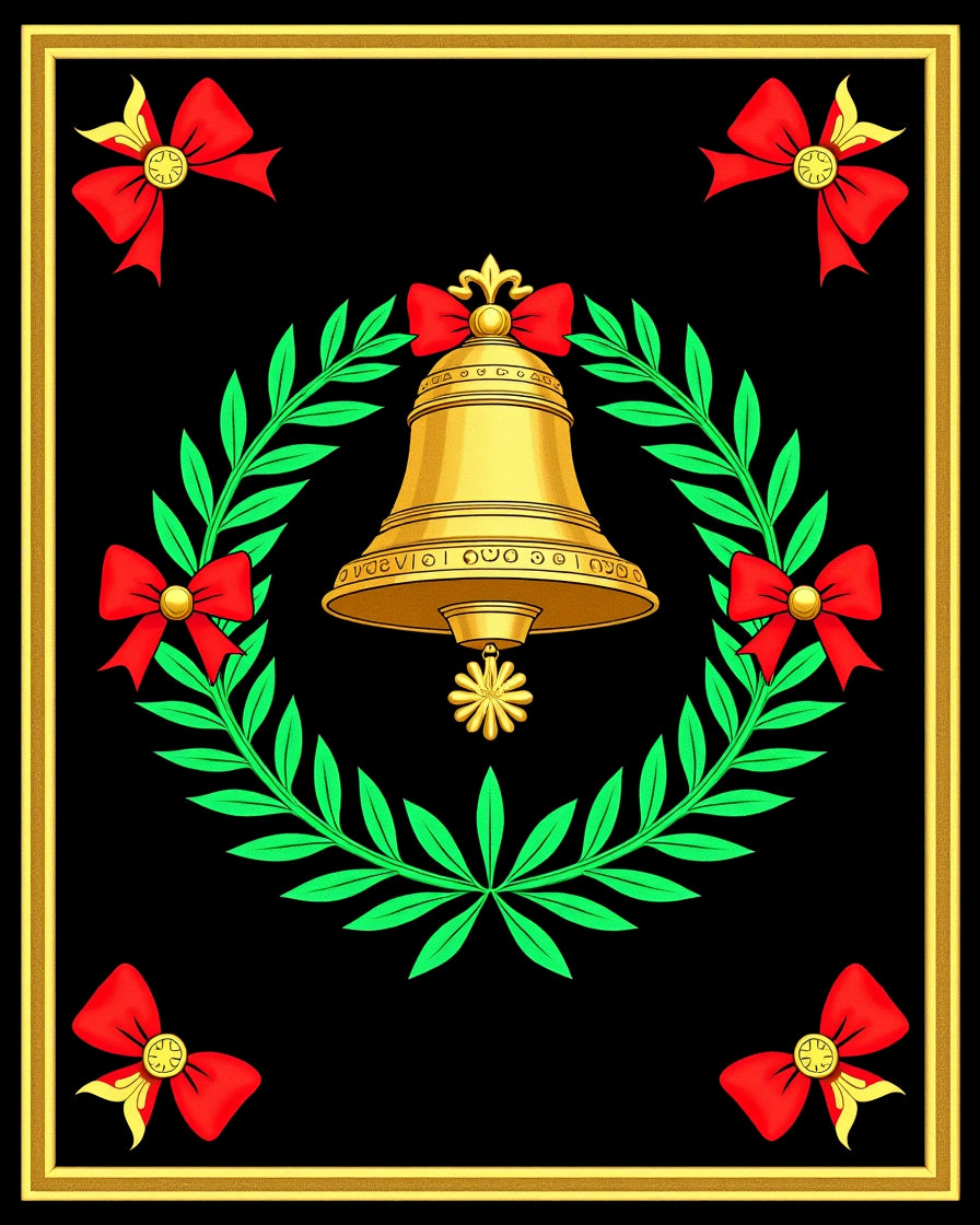 Golden Bell Wreath Red Bow Accents Rug