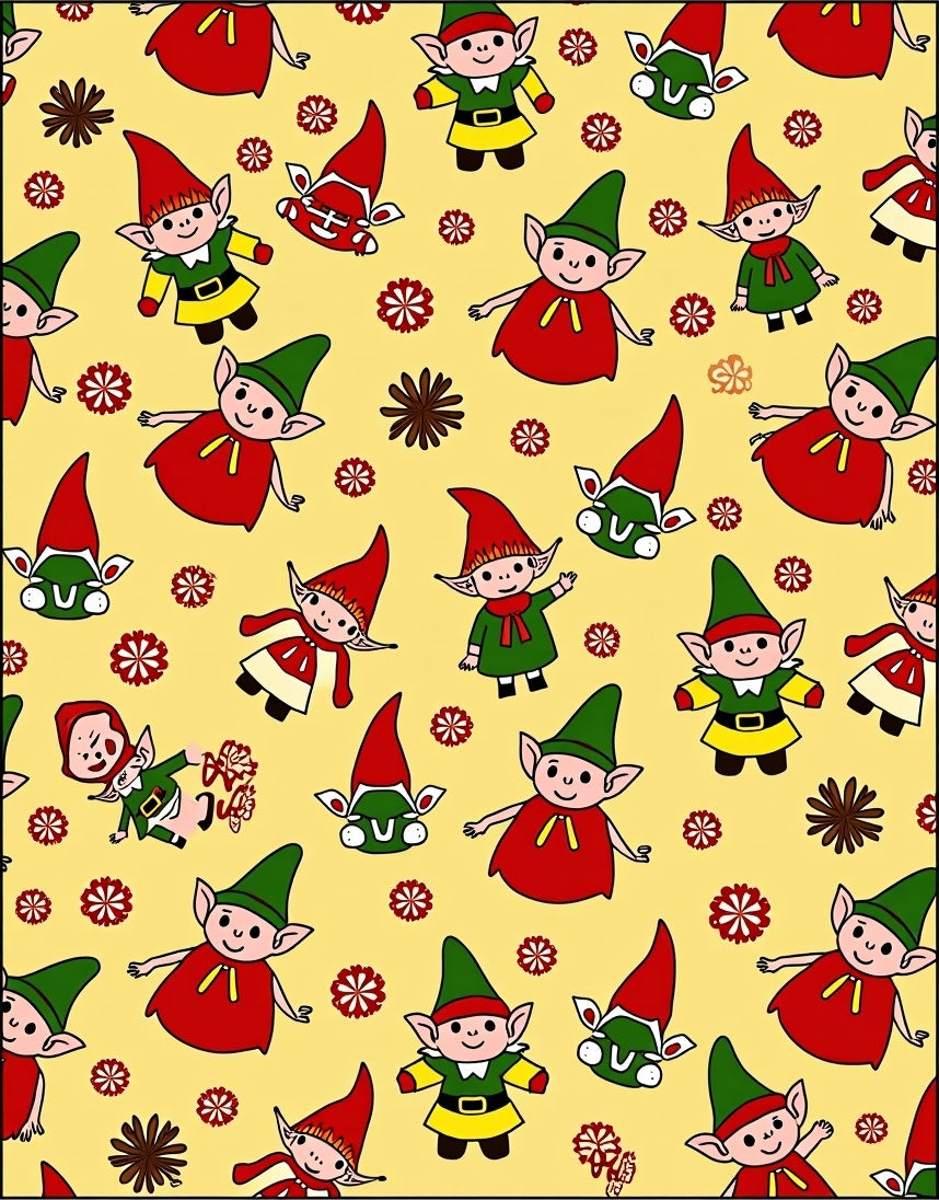 Whimsical Red Green Elves Yellow Background Rug