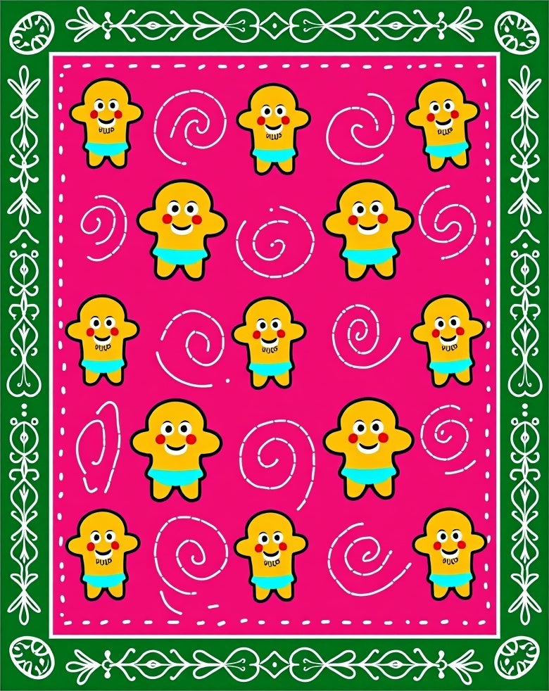 Pink yellow figures border swirly elements Rug