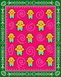 Pink yellow figures border swirly elements Rug