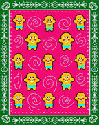 Pink yellow figures border swirly elements Rug