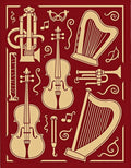 Burgundy and Gold Musical Instruments Collage Rug