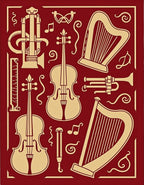 Burgundy and Gold Musical Instruments Collage Rug