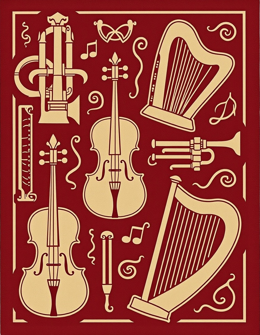 Burgundy and Gold Musical Instruments Collage Rug