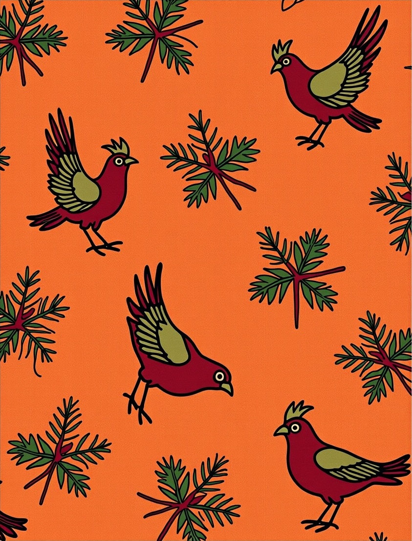 Red Birds Green Pine Sprigs Orange Rug