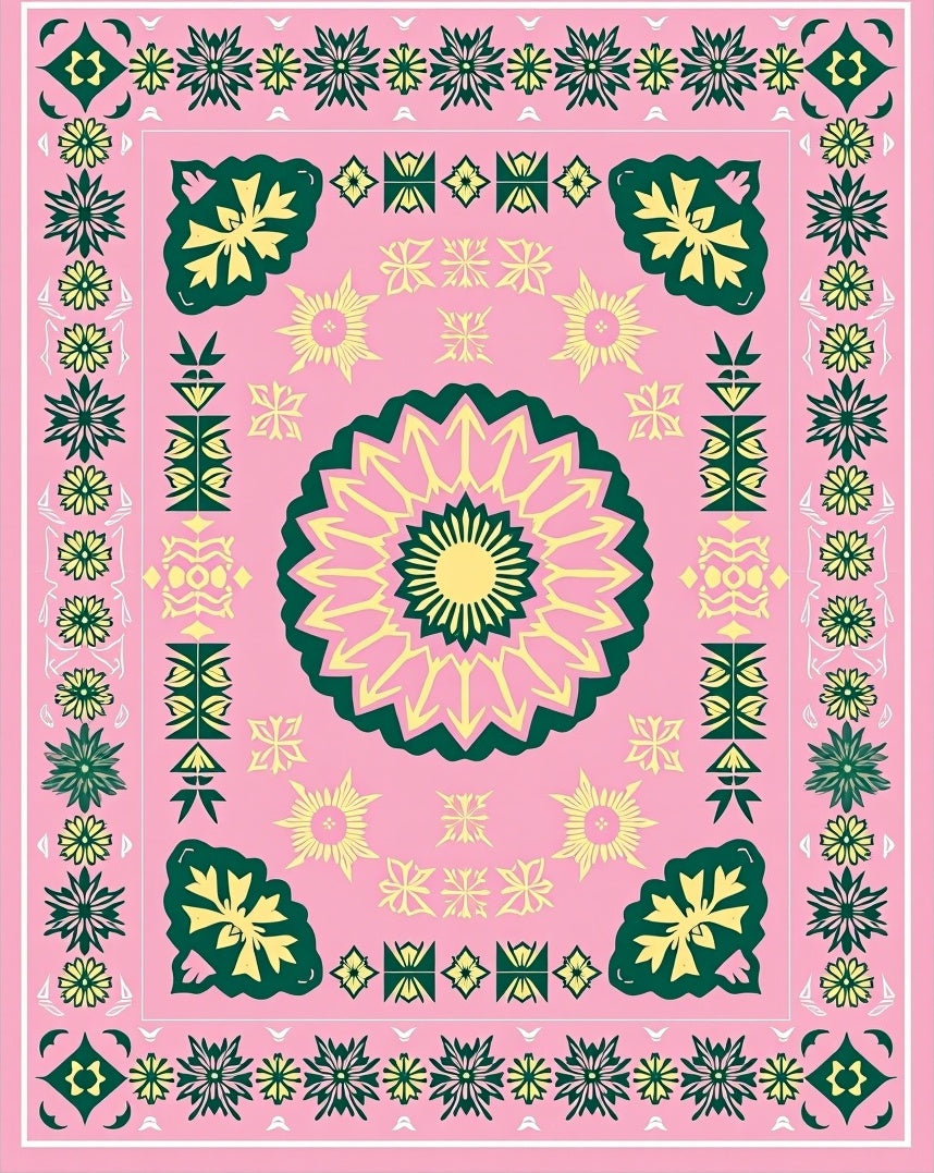 Pink Yellow Green Floral Border Medallion Rug