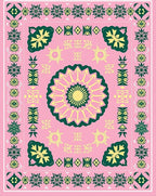 Pink Yellow Green Floral Border Medallion Rug