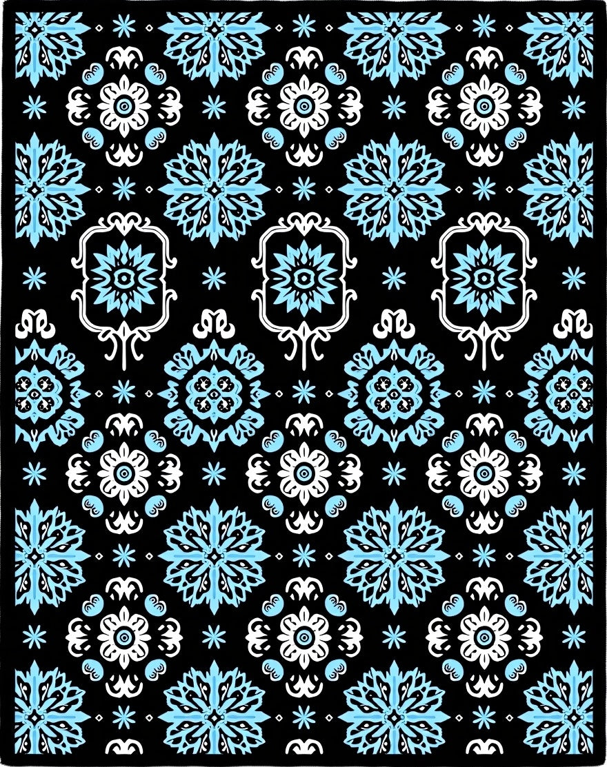 Black Sky Blue Floral Mandala Rug