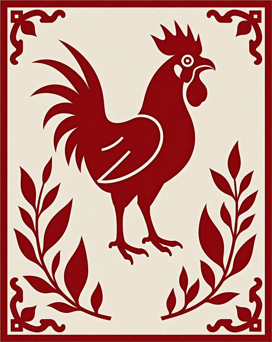 Crimson Rooster Branch Border Rug