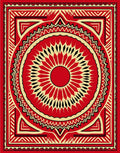 Crimson Sunburst Geometric Square Rug