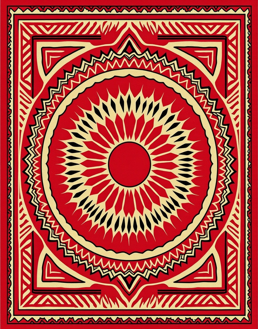 Crimson Sunburst Geometric Square Rug