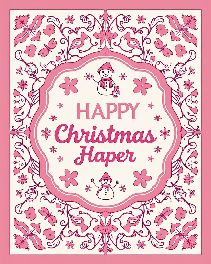 Pink Floral Snowman Christmas Border Rug