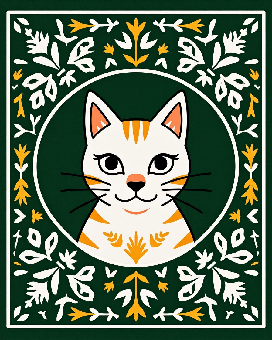 Whimsical White Cat Folk Art Rug