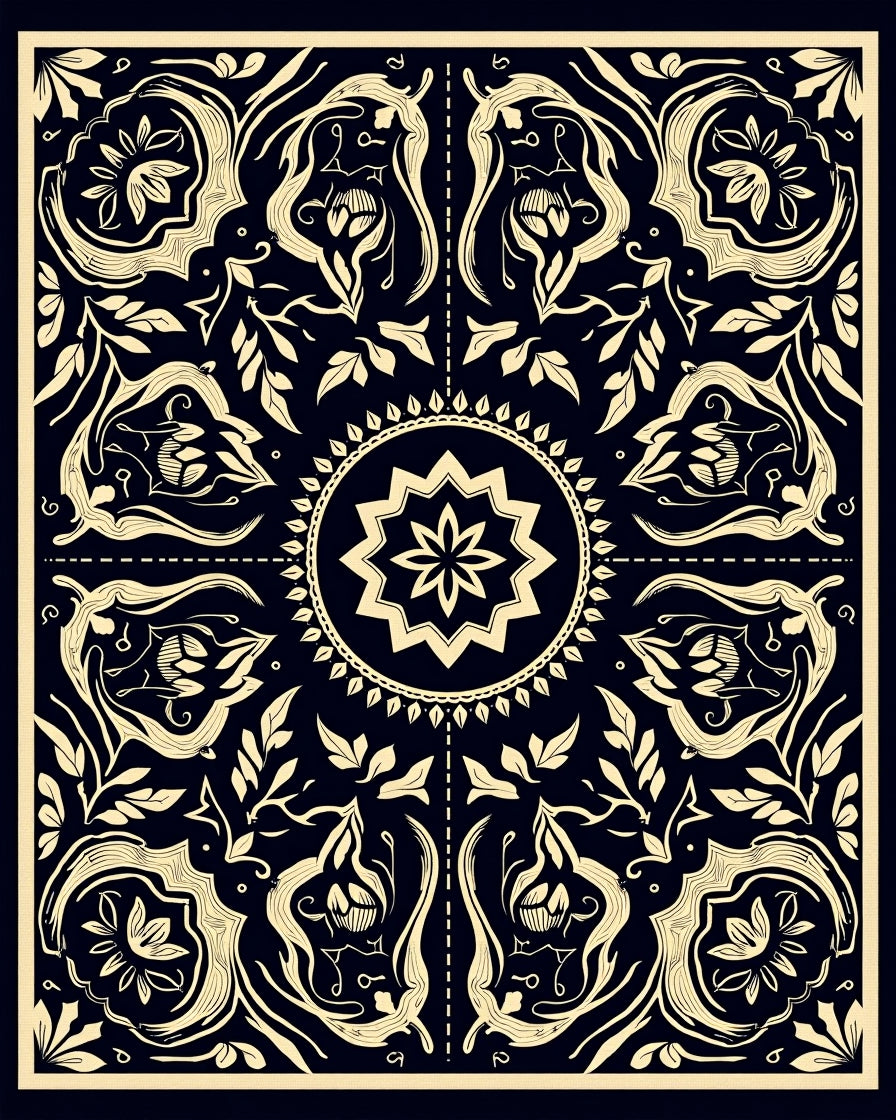 Ornate Black and Gold Floral Medallion Rug