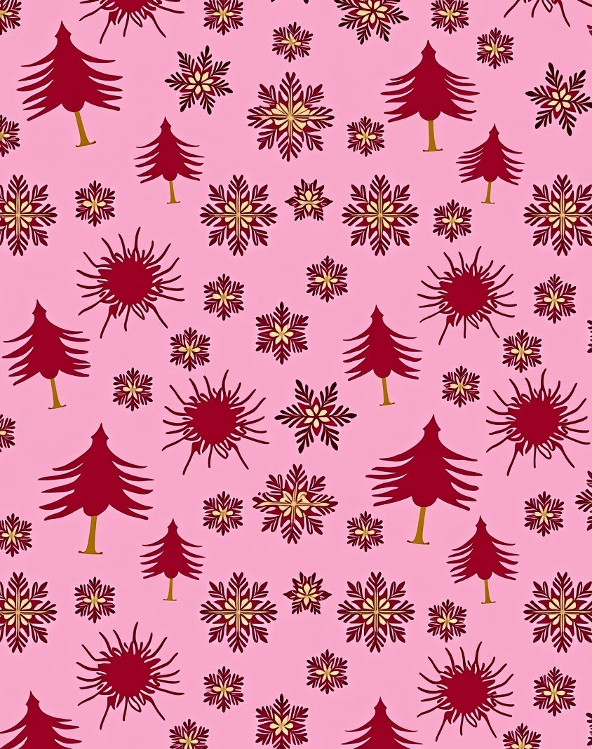 Maroon Trees Snowflakes Pink Background Rug