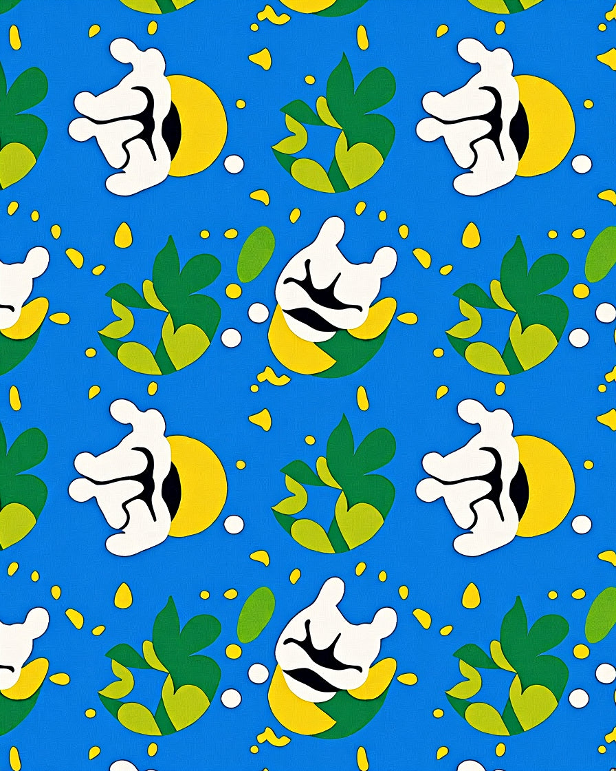 Cartoonish White Figure Yellow Circle Green Leaves Rug