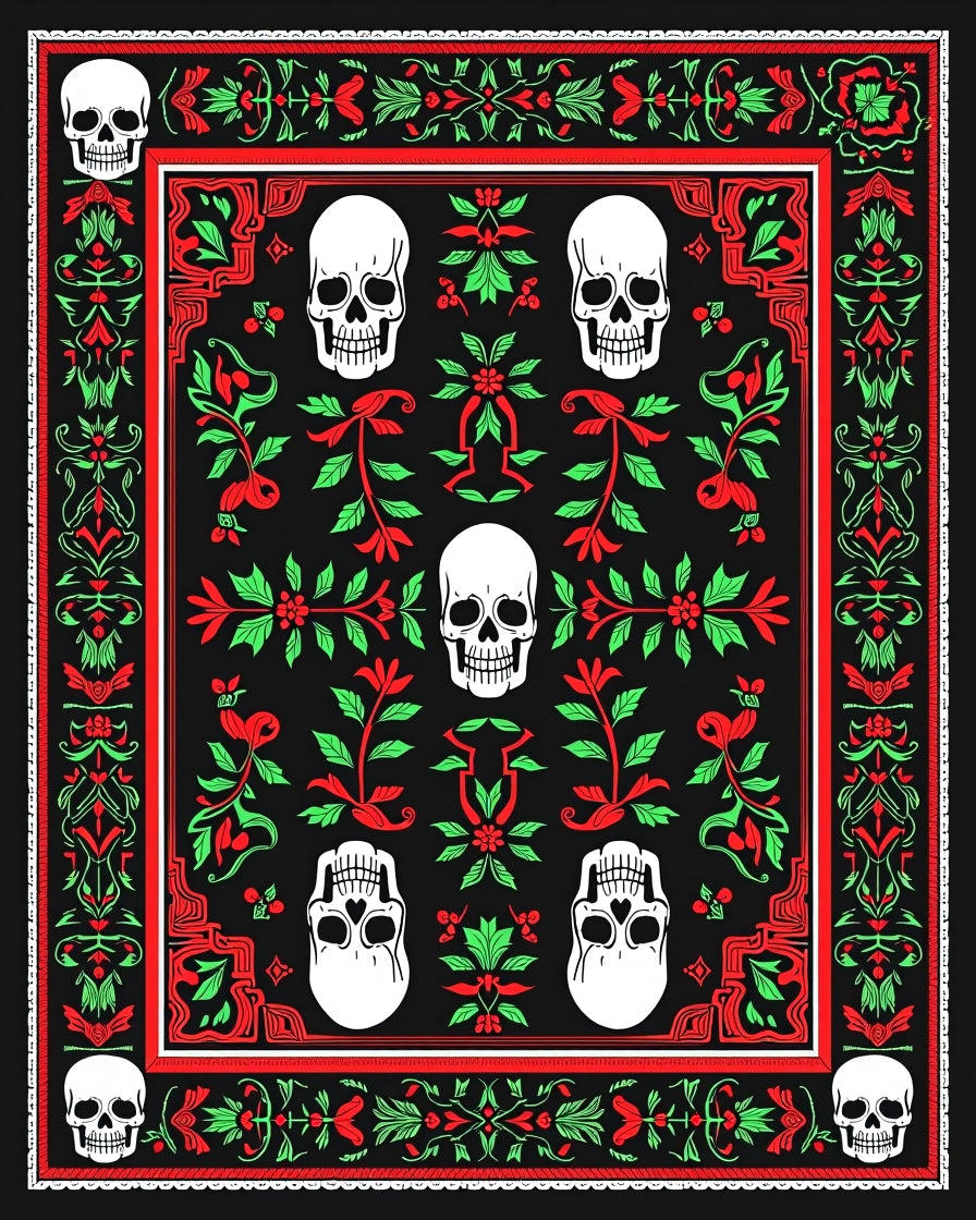 Crimson Scarlet Skull Floral Border Rug