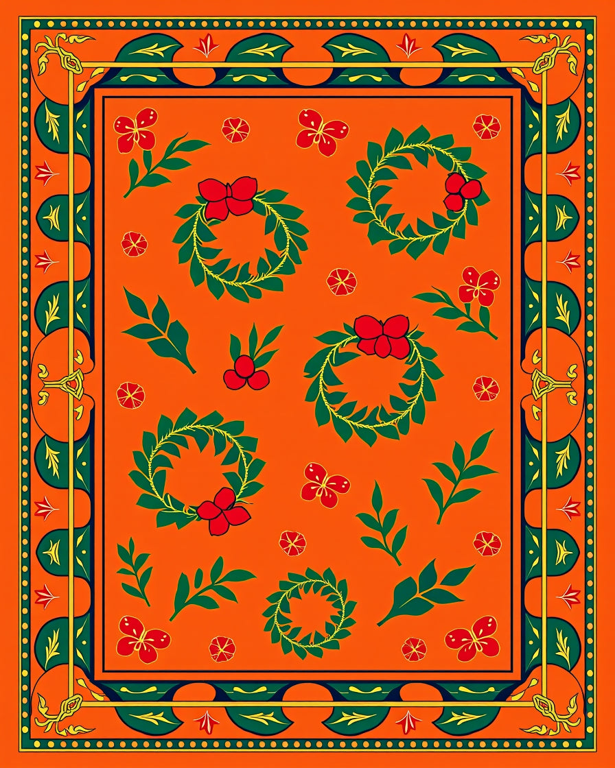 Vibrant Orange Red Floral Garland Rug
