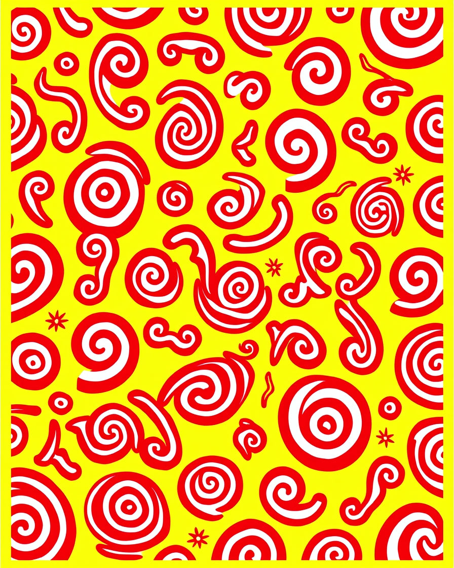 Vibrant Red Swirls Yellow Background Rug