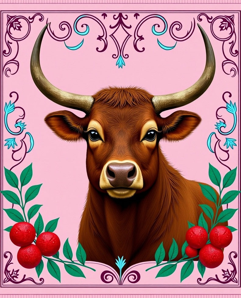 Brown Bull Cherries Pink Floral Border Rug