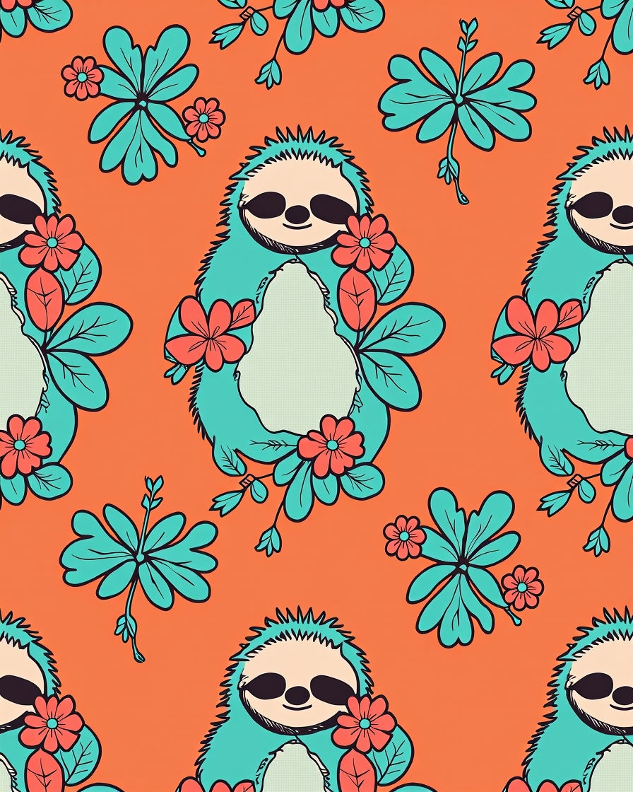 Teal Sloth Floral Orange Field Rug