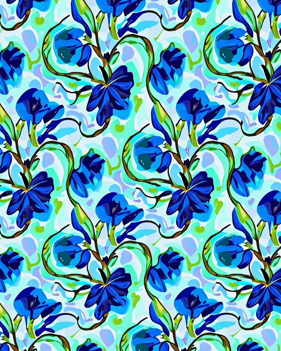 Vivid Blue Blooming Vine Swirls Rug