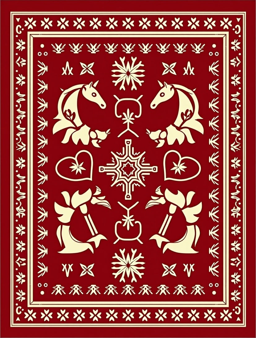 Crimson Horse Heart Folk Rug