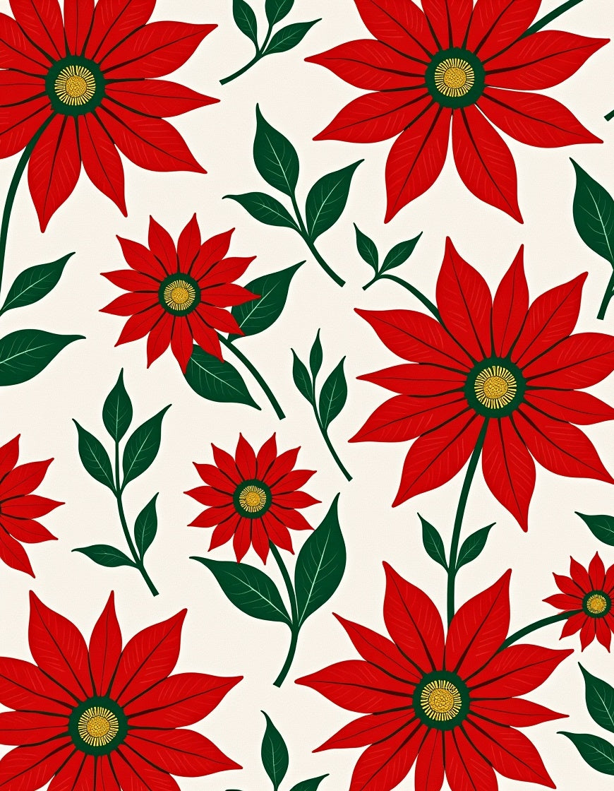Festive Red Poinsettia Floral Foliage Rug