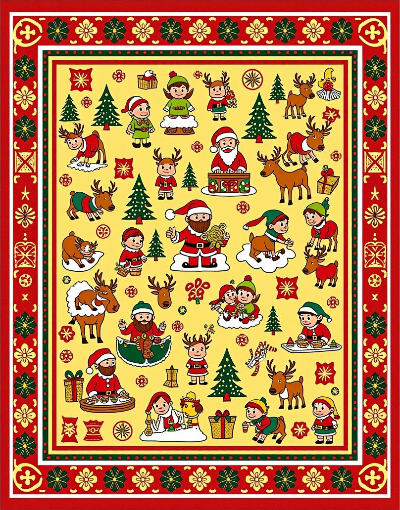 Merry Christmas Santa Reindeer Woodland Scene Rug