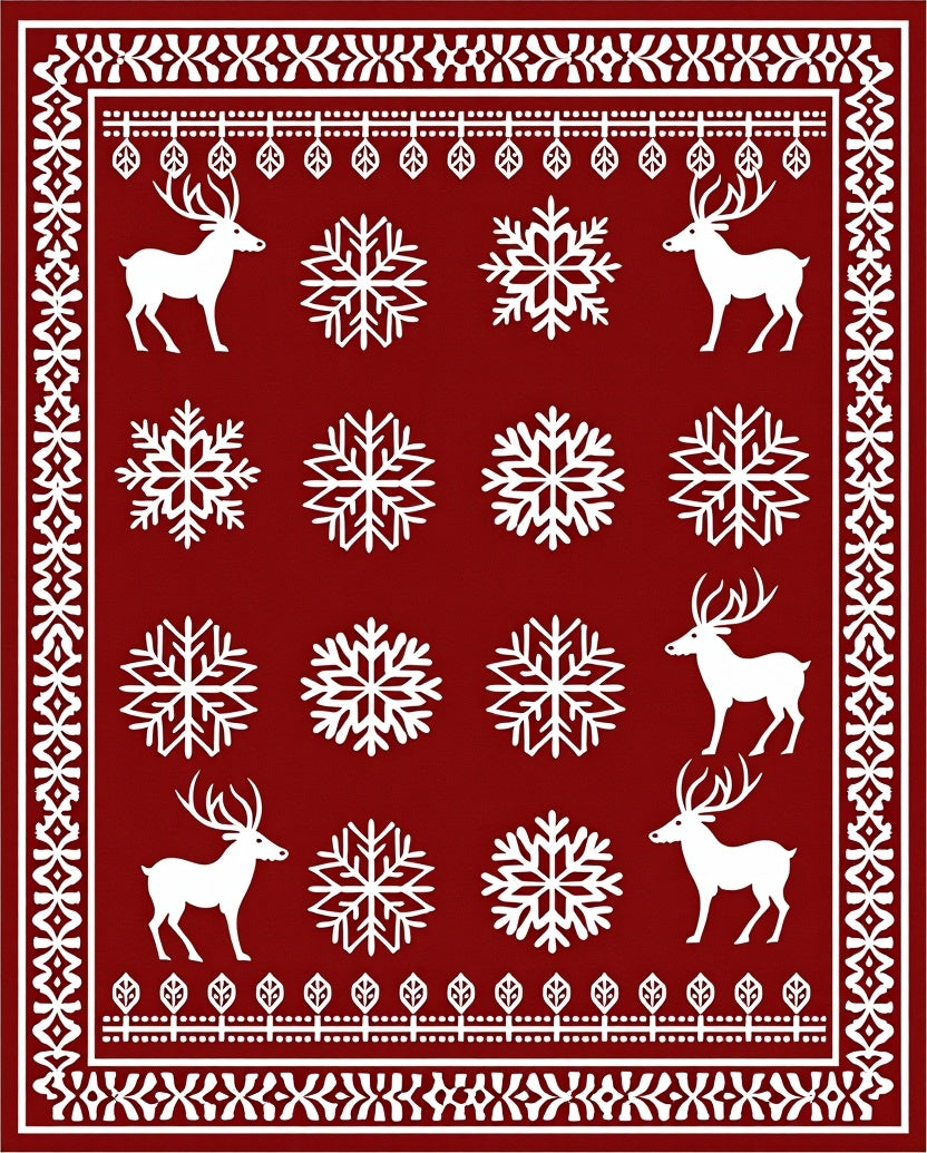 Crimson Reindeer Snowflake Holiday Border Rug