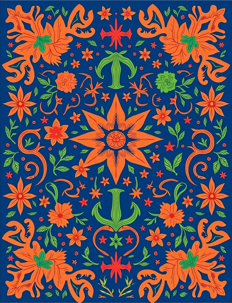 Vibrant Orange Floral Garden Navy Rug