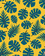 Teal Tropical Leaves on Yellow Background Rug
