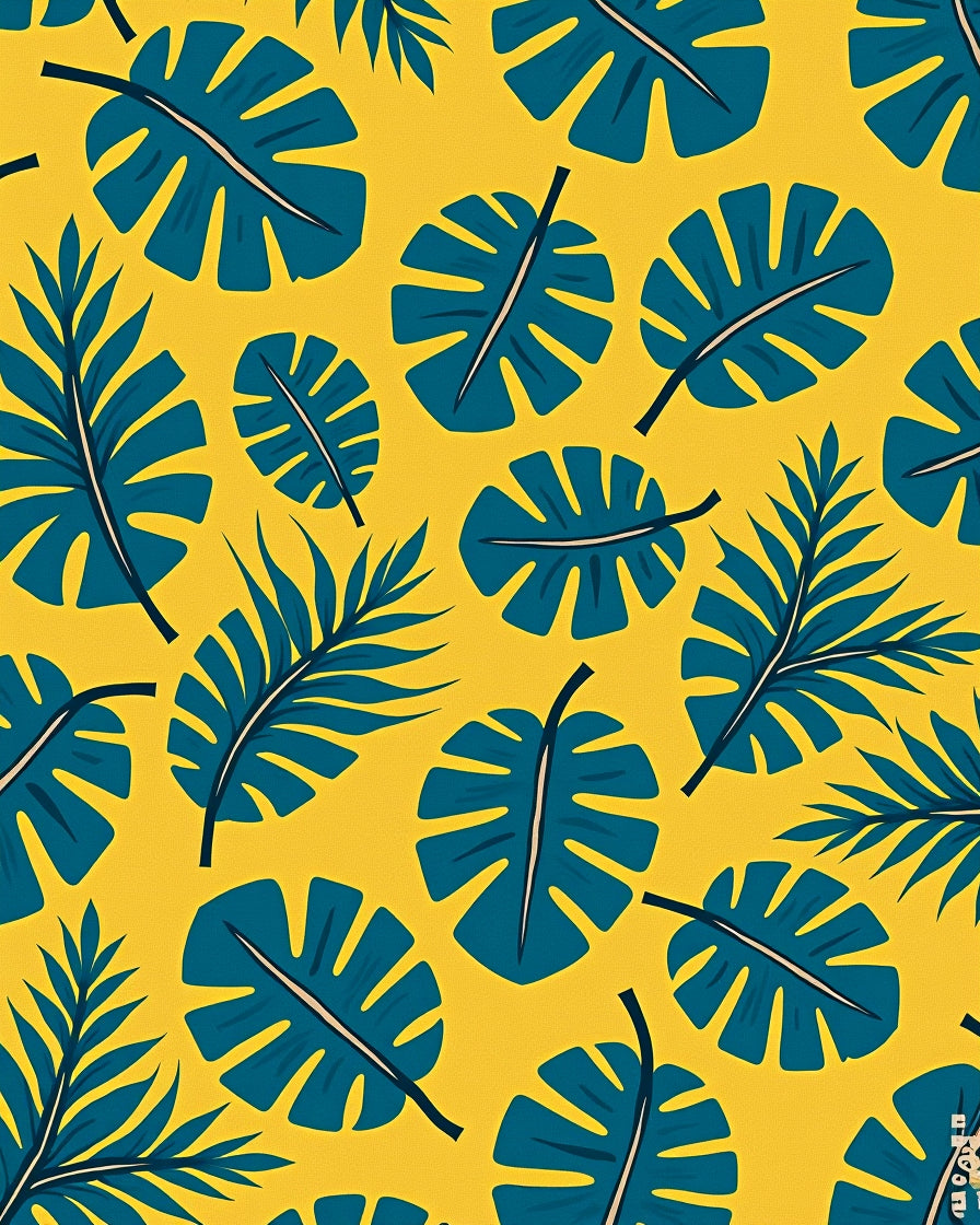 Teal Tropical Leaves on Yellow Background Rug