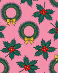 Christmas Wreaths Holly Berries Pink Background Rug