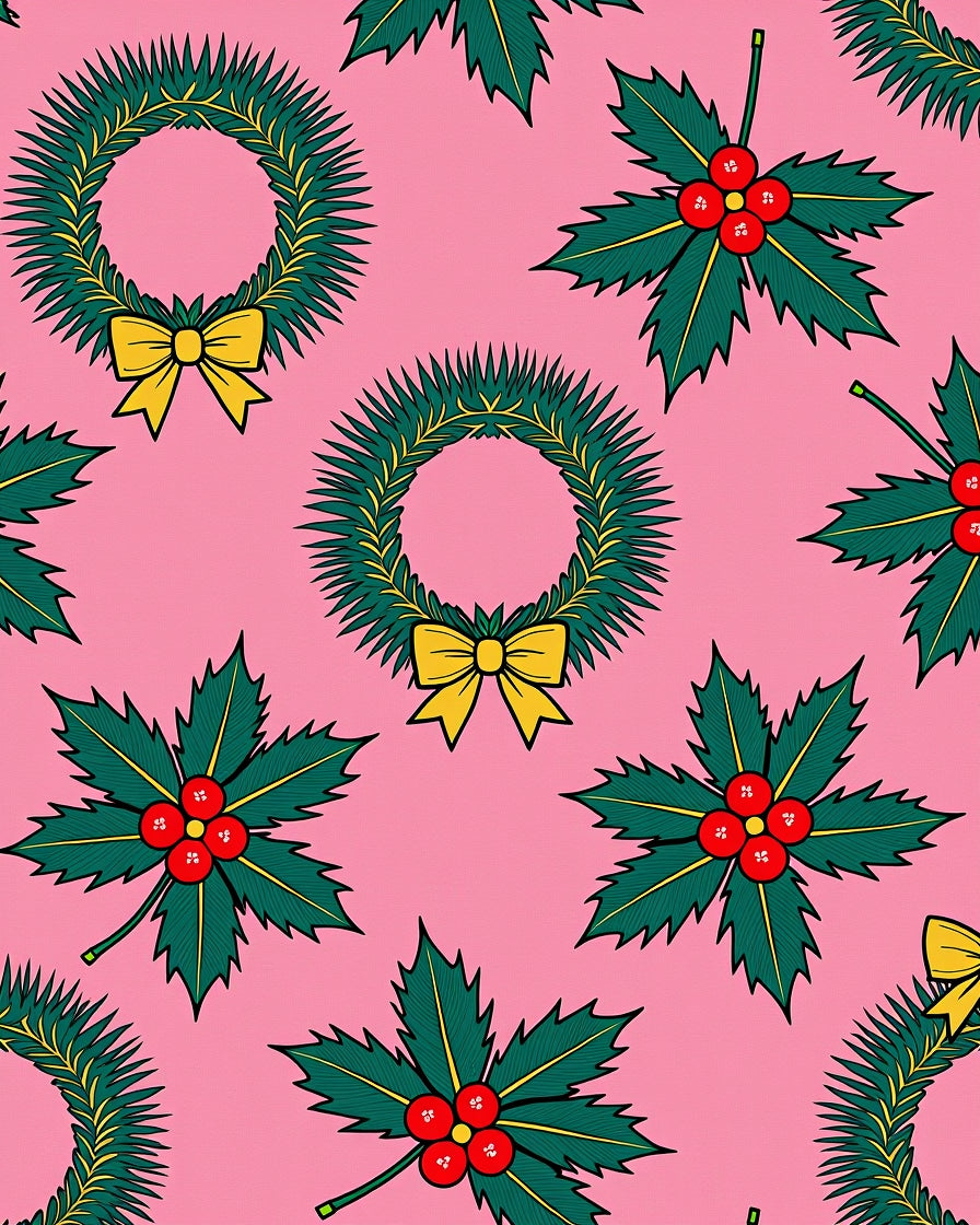 Christmas Wreaths Holly Berries Pink Background Rug