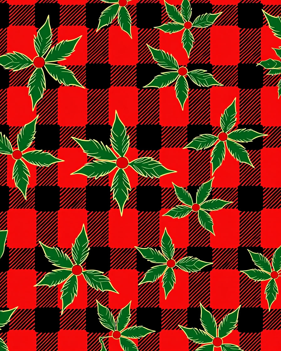 Red Black Buffalo Plaid Holly Leaves Rug
