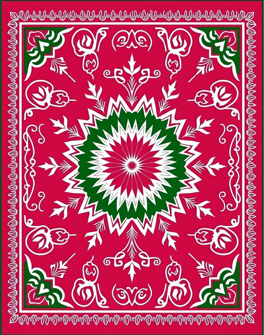Festive Red Green Starburst Medallion Rug