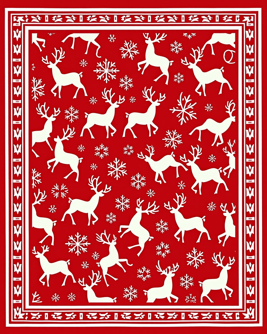Classic Red White Reindeer Snowflakes Rug