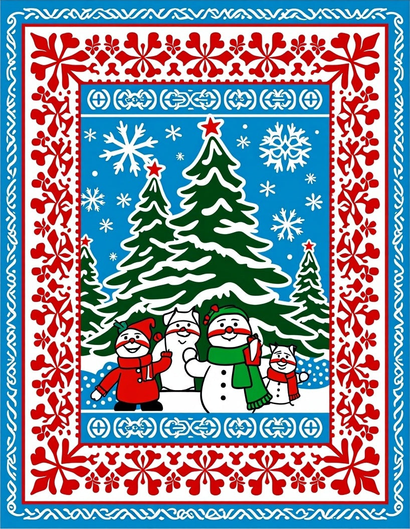 Festive Blue Red Snowman Christmas Trees Rug